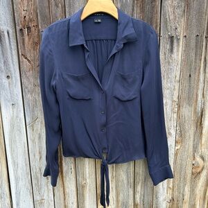 Theory Orencia Silk Tie Front Shirt Blouse Navy Blue L